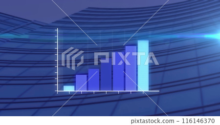 Blue bar graph with rising values against a curved, grid-lined backdrop 116146370
