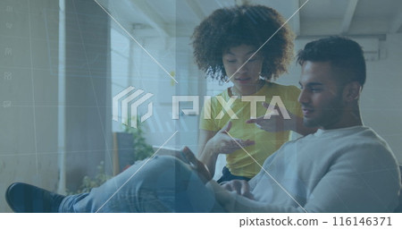 Image of data processing over diverse business people working in office 116146371