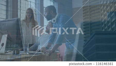 Image of graphs and changing numbers over buildings against diverse coworkers discussing reports 116146381
