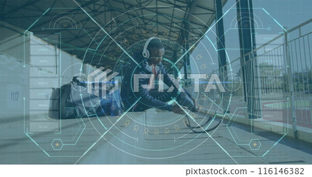 Image of data processing over disabled male athlete on sports stadium 116146382