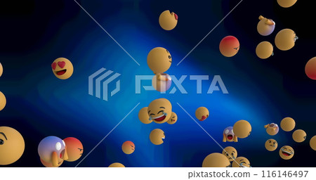 Digital image of multiple face emojis floating against blue spots of light on black background Digital image of multiple face emojis floating against blue spots of light on black background 116146497