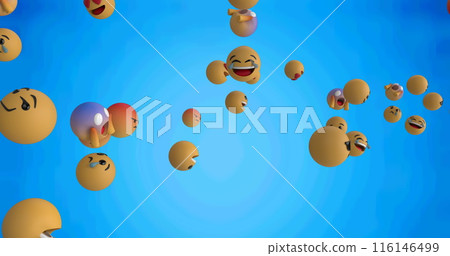 Digital image of multiple face emojis floating against textured blue background 116146499