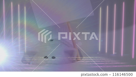Image of qr code and lines with lens flares against abstract background 116146500