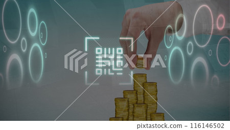 Image of qr code and circles over cropped hand of caucasian man placing coins on piles Image of qr code and circles over cropped hand of caucasian man placing coins on piles 116146502