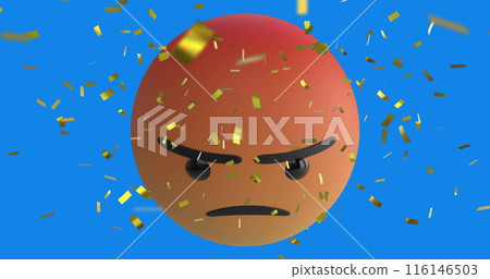 Digital image of golden confetti falling over angry face emoji against blue background Digital image of golden confetti falling over angry face emoji against blue background 116146503