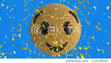Image of confetti falling over smiling emoji icon on blue background Image of confetti falling over smiling emoji icon on blue background 116146505