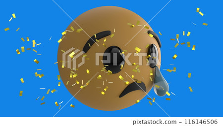 Digital image of golden confetti falling over crying face emoji against blue background Digital image of golden confetti falling over crying face emoji against blue background 116146506
