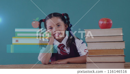 Biracial student leaning on books, smiling at camera Biracial student leaning on books, smiling at camera 116146516