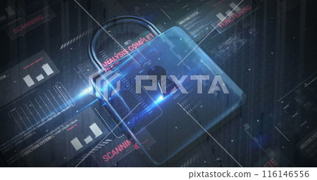 Image of cyber attack warning and padlock icon over server room Image of cyber attack warning and padlock icon over server room 116146556