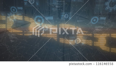 Image of network of connections and data processing over caucasian man in server room 116146558