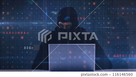 Image of cyber attack warning and hacker over caucasian man in server room Image of cyber attack warning and hacker over caucasian man in server room 116146560