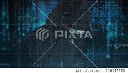 Image of data processing and hacker over server room Image of data processing and hacker over server room 116146563
