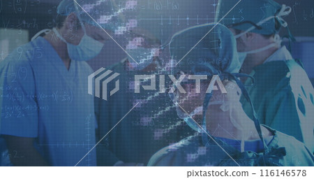 Image of dna rotating over diverse surgeons during operation 116146578