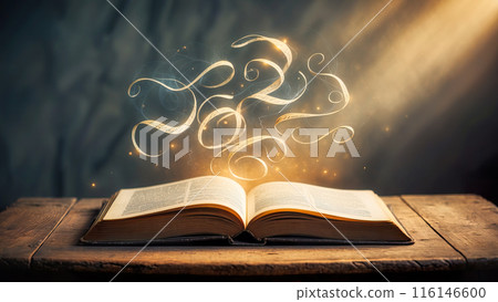 Mystical old book. Open old book indoor. A fairy tale. AI Generated 116146600