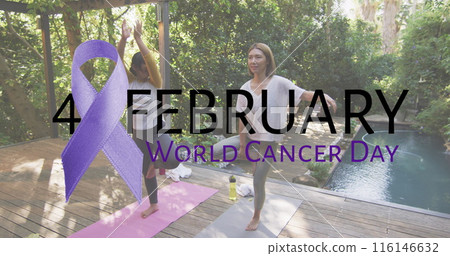 Image of world cancer day over diverse women practicing joga outdoors Image of world cancer day over diverse women practicing joga outdoors 116146632