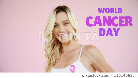 Image of world cancer day over happy caucasian woman on pink background 116146633