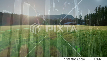 Image of financial graphs over agricultural field and landscape 116146649
