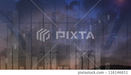 Image of financial graphs over electricity poles at dusk 116146651