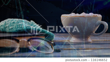 Image of financial graphs over cup of coffee, book and glasses lying on table Image of financial graphs over cup of coffee, book and glasses lying on table 116146652