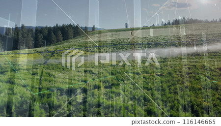 Image of financial graphs over meadow landscape 116146665