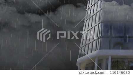 Rain falling and thunderstorm over tall building against dark clouds in the sky 116146680