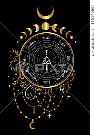 wheel of the Year is an annual cycle of seasonal festivals. Wiccan calendar and holidays. Compass with Triquetra symbol from charmed celtic. Gold boho style. Vector isolated on black background wheel of the Year is an annual cycle of seasonal festivals. Wiccan calendar and holidays. Compass with Triquetra symbol from charmed celtic. Gold boho style. Vector isolated on black background 116146693