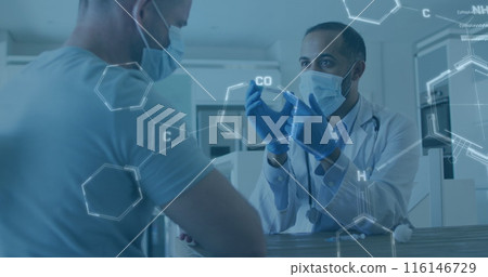 Image of chemical structures over biracial male doctor holding vaccine wearing face mask Image of chemical structures over biracial male doctor holding vaccine wearing face mask 116146729
