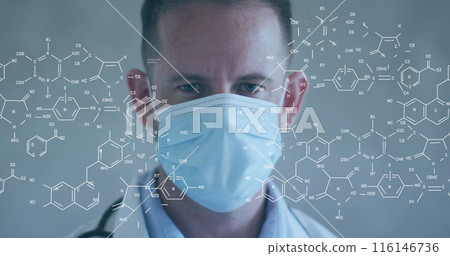 Image of caucasian male doctor wearing face mask with chemical structures 116146736