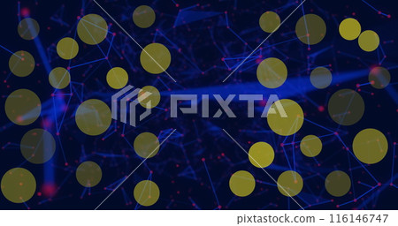 Yellow circles float on a dark blue background with network lines Yellow circles float on a dark blue background with network lines 116146747