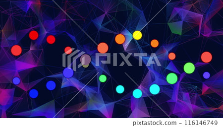 Colorful circles of red, blue, and green are floating over network of lines Colorful circles of red, blue, and green are floating over network of lines 116146749