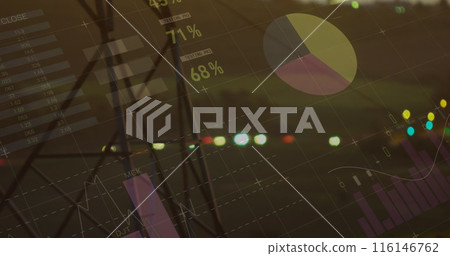 Image of financial graphs and data over electricity poles at sunset Image of financial graphs and data over electricity poles at sunset 116146762