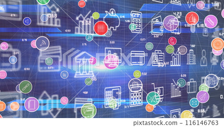 Image of digital icons moving and network of connections over spot of light on blue background 116146763