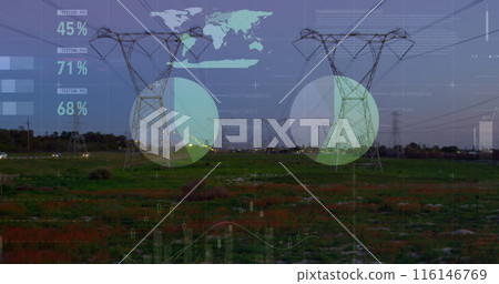 Image of financial data and graphs over electricity poles 116146769