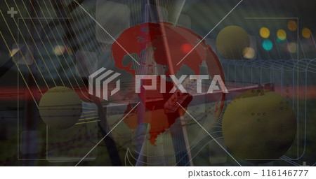 Image of financial graphs and globe over electricity poles at sunset 116146777