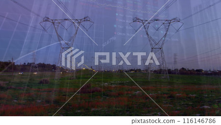Image of financial graphs and data over electricity poles at sunset Image of financial graphs and data over electricity poles at sunset 116146786