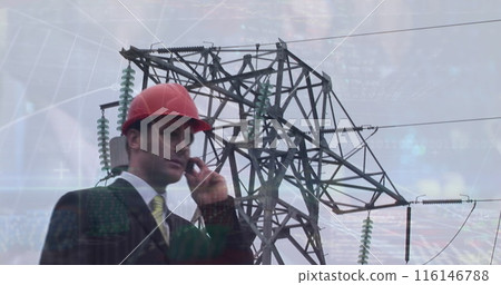 Image of data processing over caucasian businessman and pylon 116146788