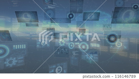 Image of data processing on moving screens over blue background Image of data processing on moving screens over blue background 116146789