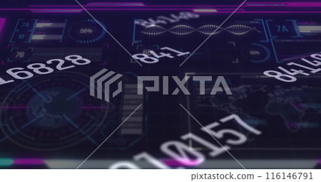 Image of data processing on moving screens over blue background 116146791