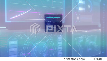 Image of data processing on moving screens over blue background Image of data processing on moving screens over blue background 116146809