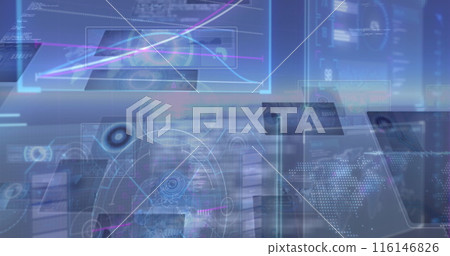 Image of data processing on moving screens over blue background Image of data processing on moving screens over blue background 116146826