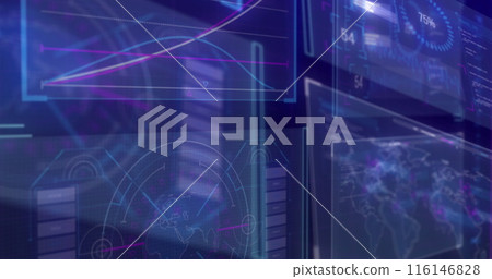 Image of data processing, globe and world map on black background 116146828
