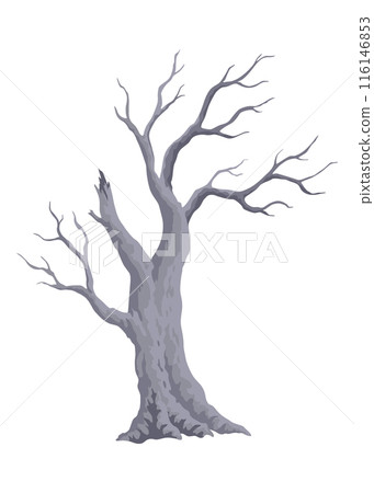 Old dead tree. Hand draw leafless trunk. Winter or autumn season plants icon, dry naked branch silhouette. Nature ecology problems concept. Isolated vector illustration 116146853