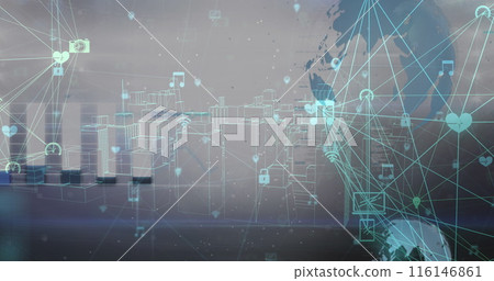Image of data processing and network of connections over blue background 116146861