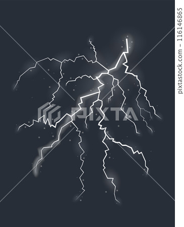 Lightning effect, natural strength symbol. Zipper, thunderstorm rays and lighting, electric power charge. Vector isolated on dark background 116146865