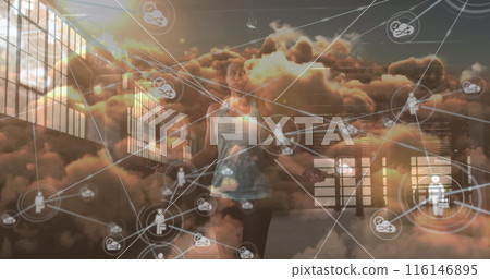 Image of network of connections over fit caucsaian woman with jumping rope and clouds 116146895