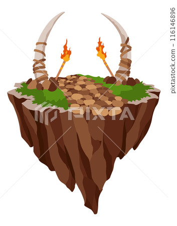 Game flying island. Flying platform of exotic nature game island. Colorful flat vector elements for fantasy computer or mobile game 116146896