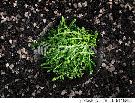 Arugula on Black Plate, Fresh Arugula, Ruccola Leaves, Rucola, Eruca or Garden Roquette Salad Arugula on Black Plate, Fresh Arugula, Ruccola Leaves, Rucola, Eruca or Garden Roquette Salad 116146898