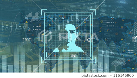 Image of graphs, world map and user photos on blue background Image of graphs, world map and user photos on blue background 116146900