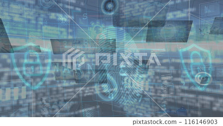Image of data processing on moving screens over blue background Image of data processing on moving screens over blue background 116146903
