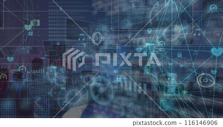 Image of data processing on moving screens over blue background 116146906